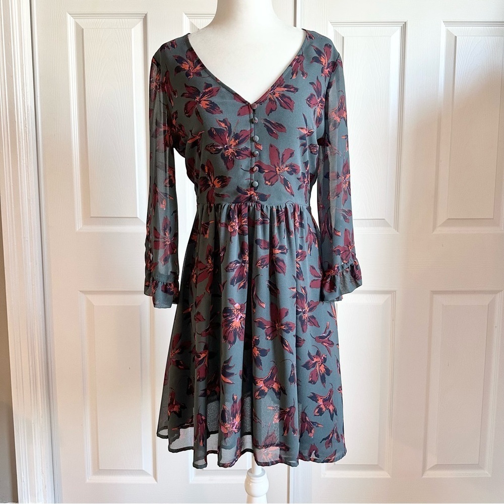 Madewell Gray and Maroon Floral A-line Chiffon Mini Dress